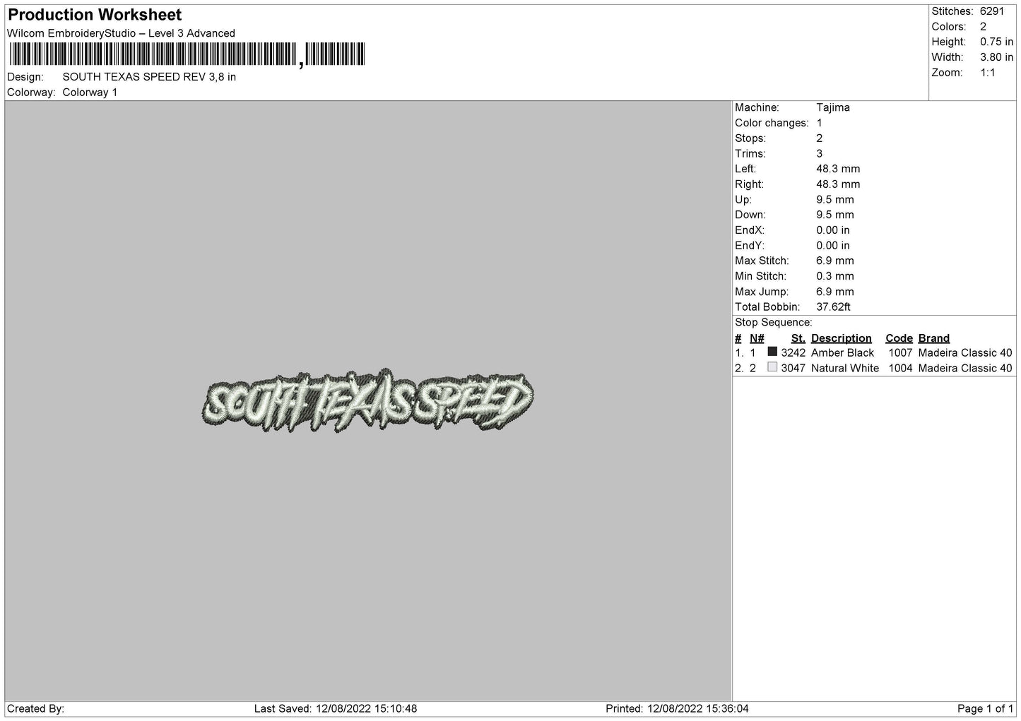 South Texas Speed Embroidery File 4 sizes