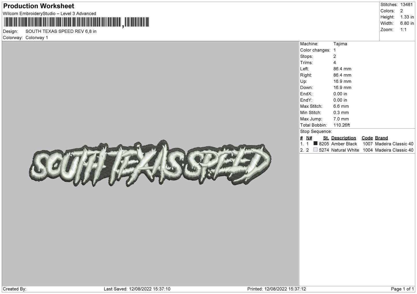 South Texas Speed Embroidery File 4 sizes