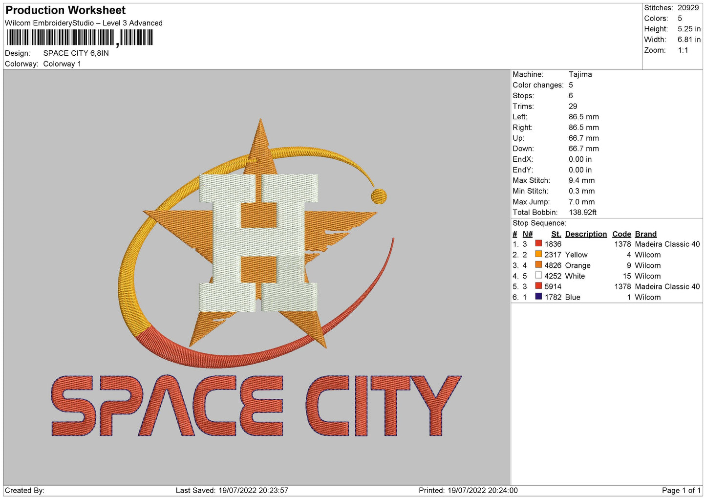 Space City Embroidery File 4 sizes