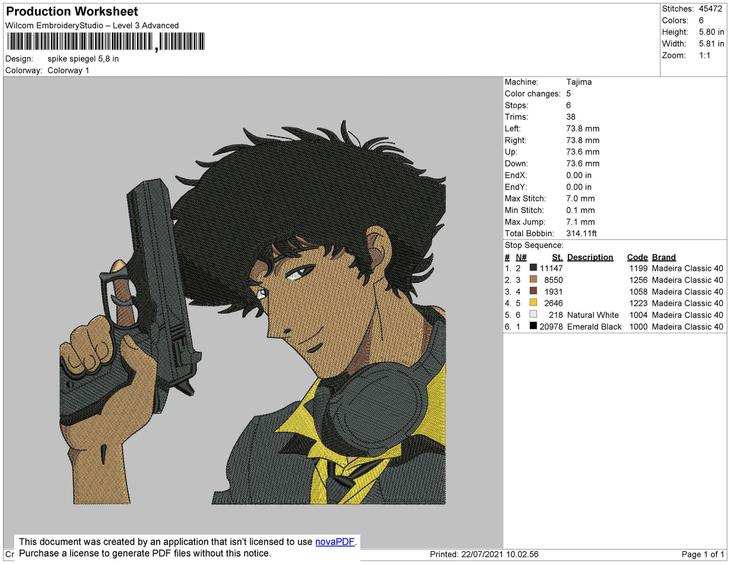 Spike Spiegel Embroidery File 4 size