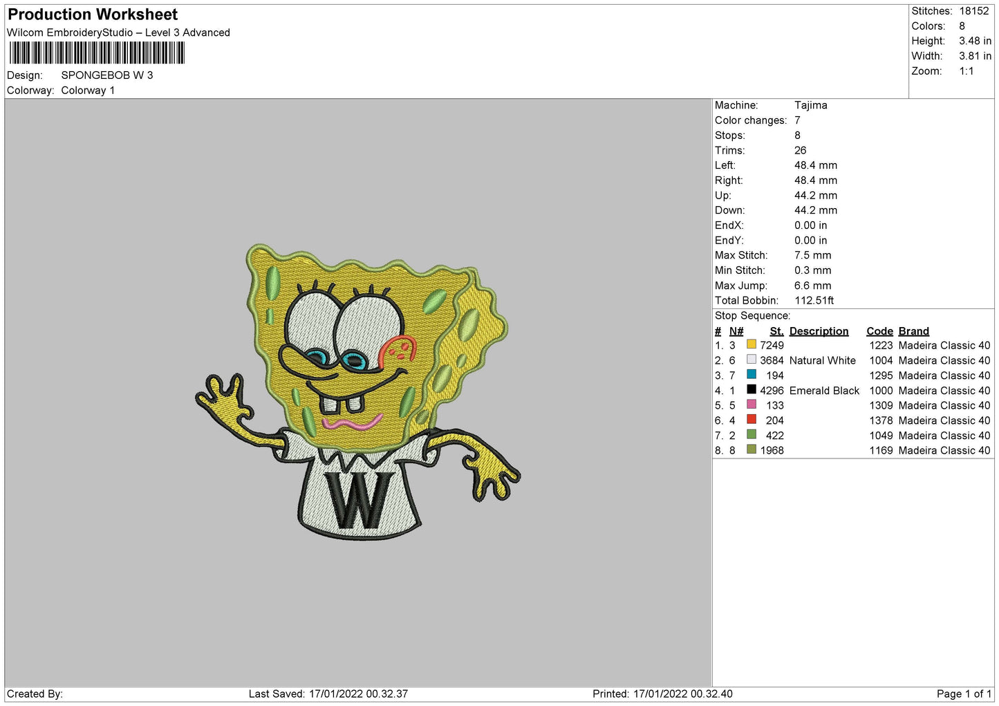 Spongebob W Embroidery File 5 size
