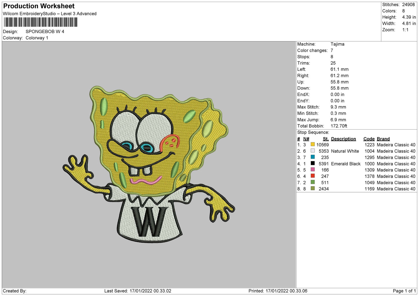 Spongebob W Embroidery File 5 size