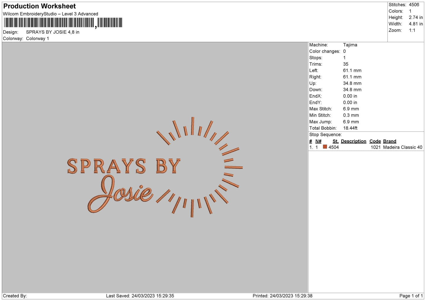 Josie Embroidery File 6 sizes