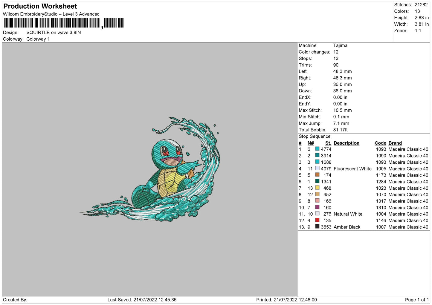 Squirtle On Wave Embroidery File 4 sizes