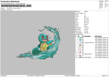 Squirtle On Wave Embroidery File 4 sizes