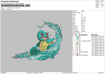 Squirtle On Wave Embroidery File 4 sizes