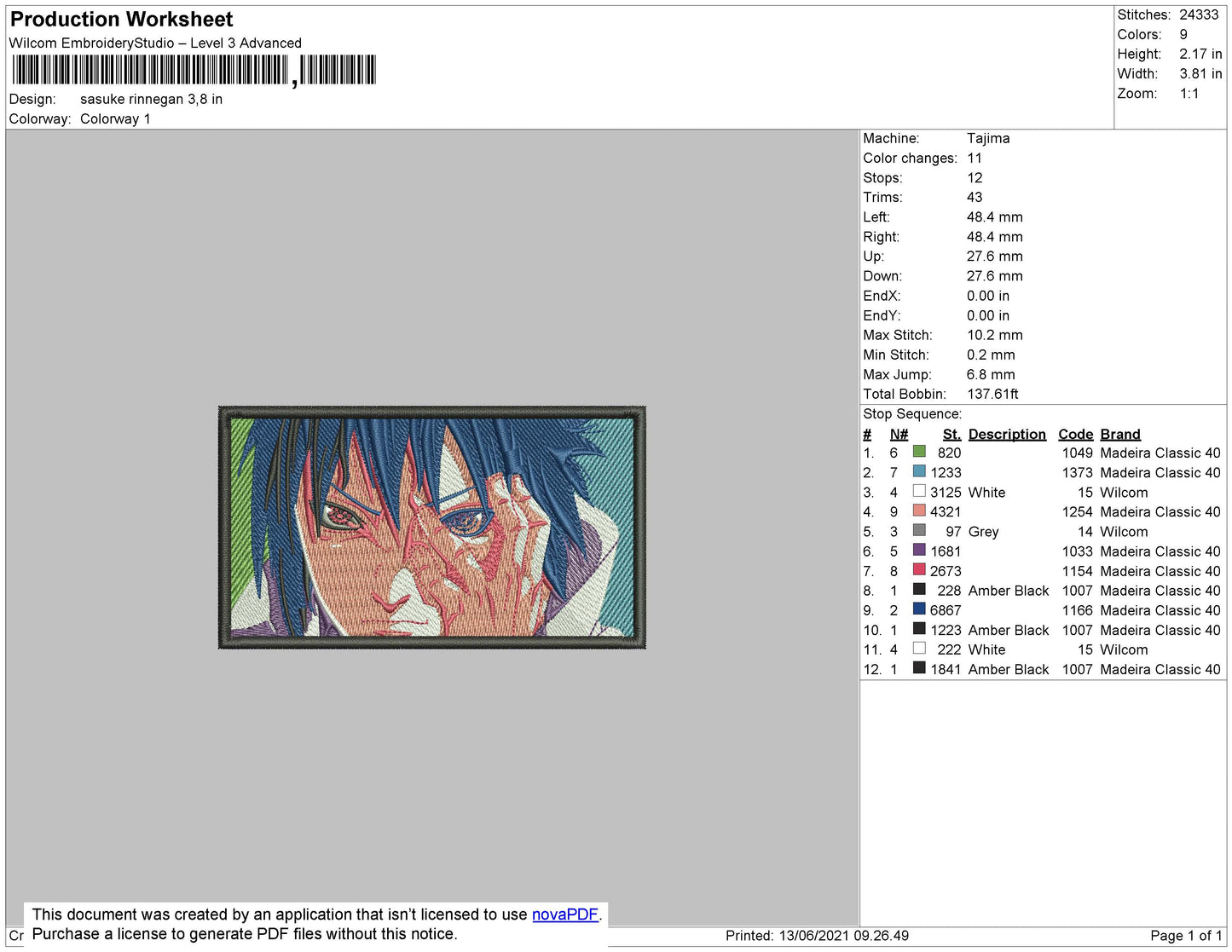 Sasuke Rinnegan Embroidery File 4 size