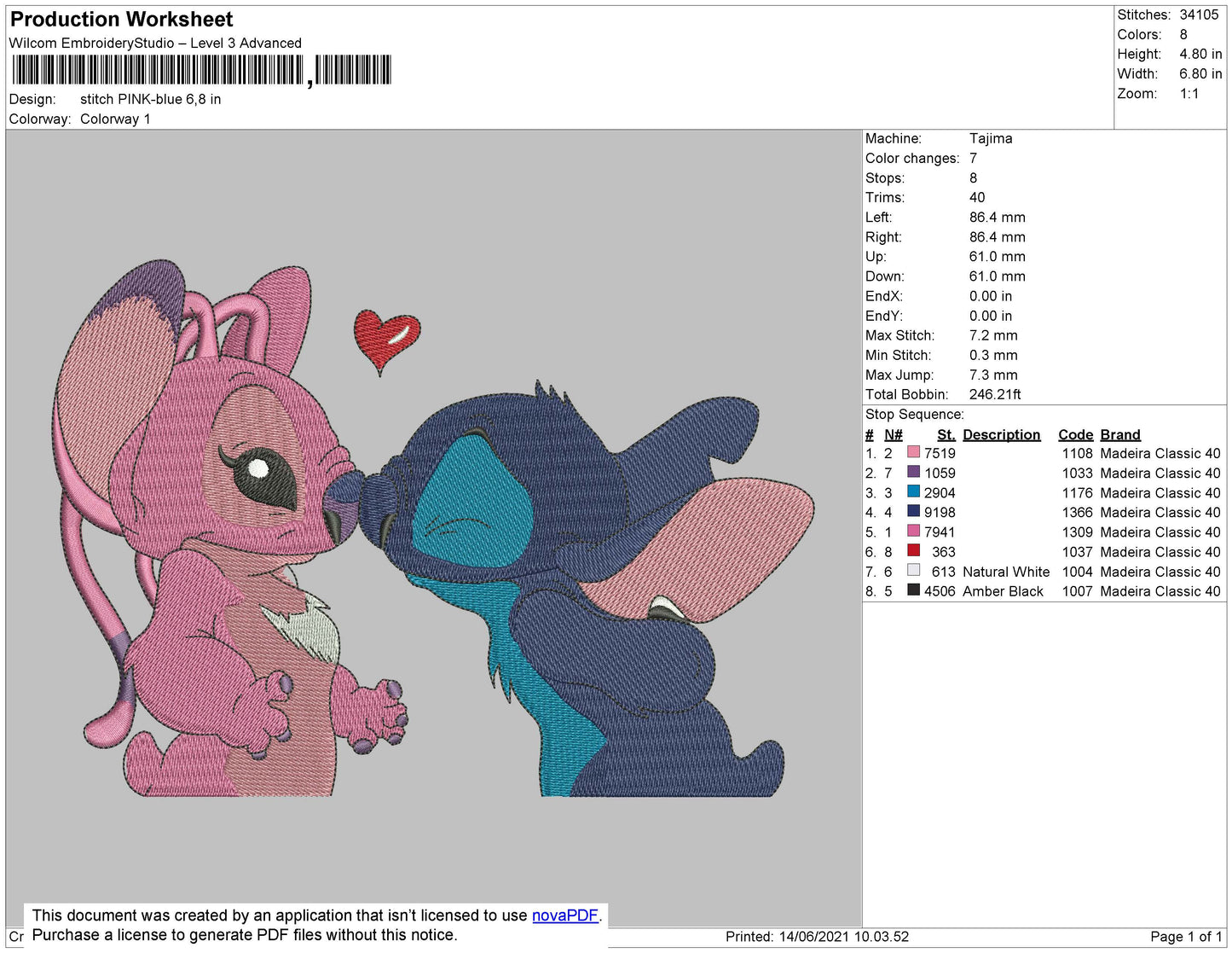 Stitch Pink Blue Embroidery File 4 size