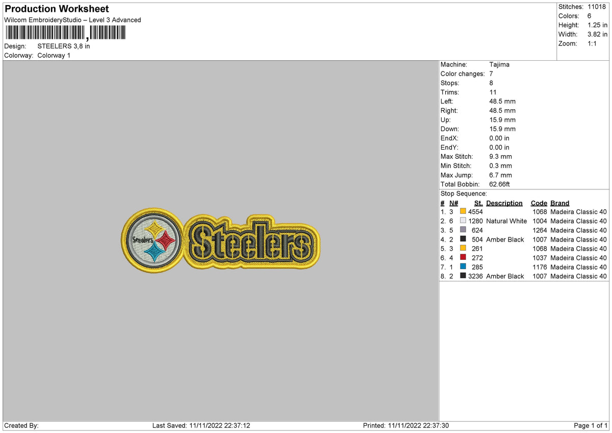 Steelers Embroidery File 6 sizes