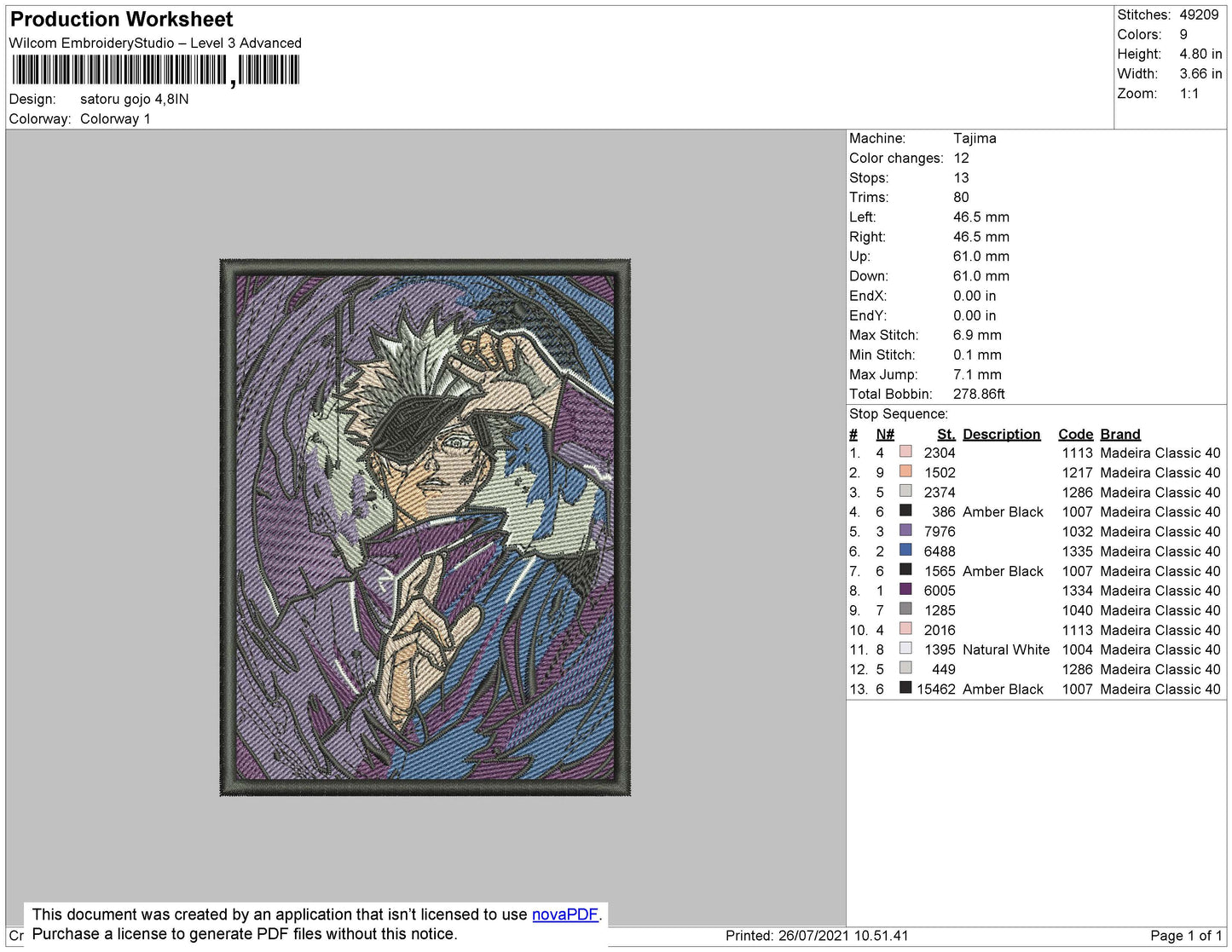 Saturo Gojo Embroidery File 4 size