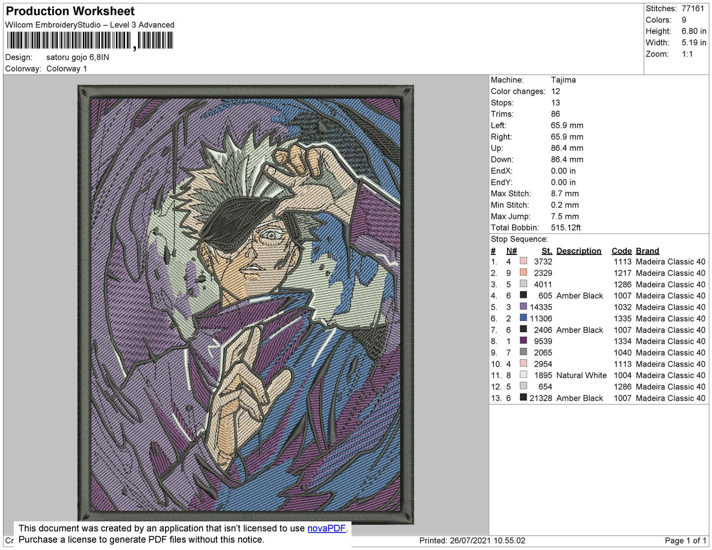 Saturo Gojo Embroidery File 4 size