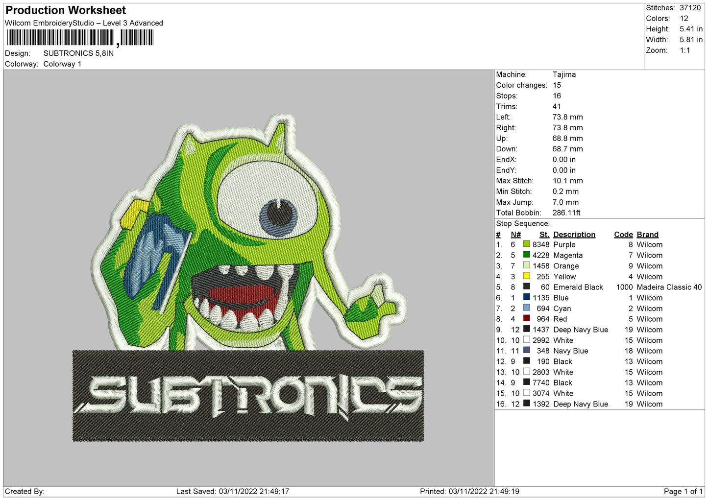Subtronics Embroidery File 6 sizes