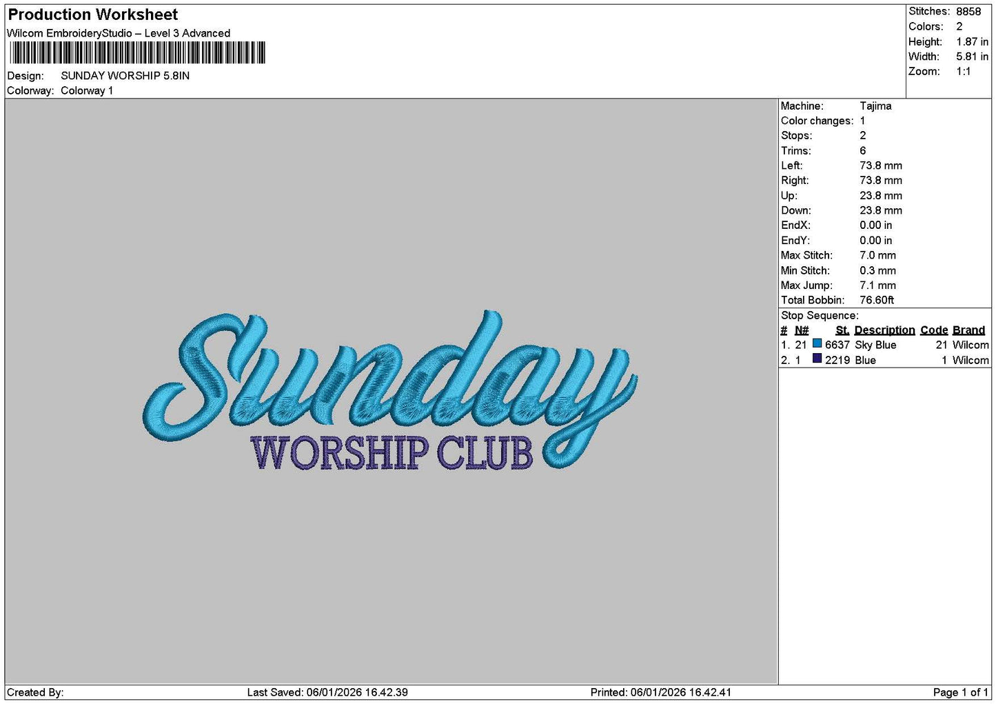 Sundaytext 0601 Embroidery File 6 sizes