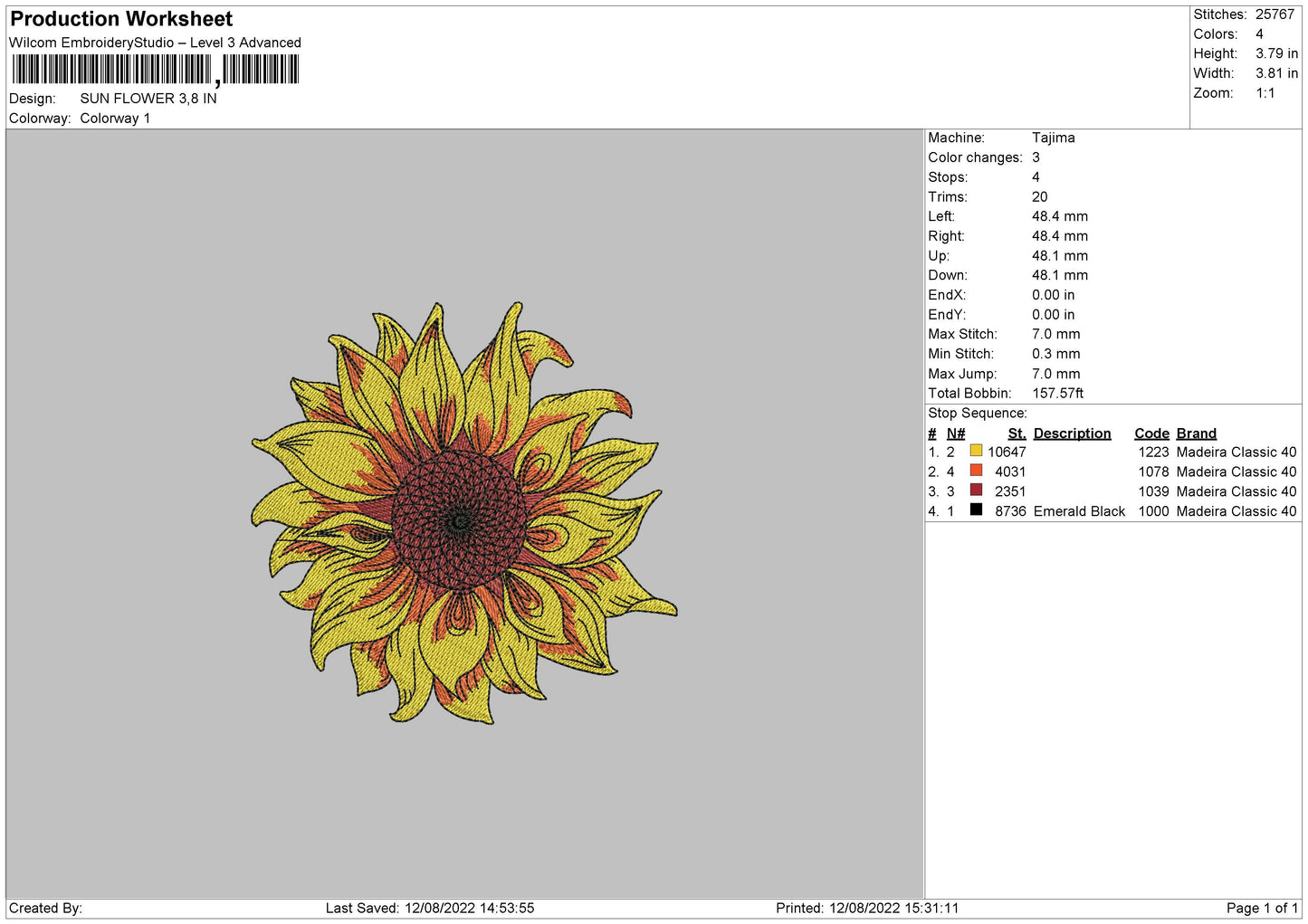Sun Flower 02 Embroidery File 5 sizes