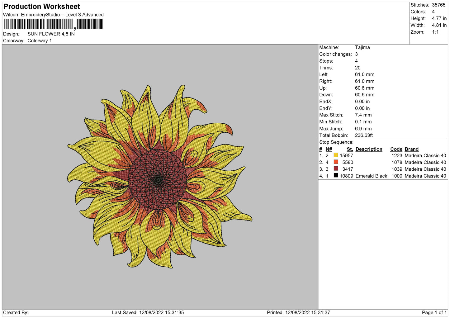 Sun Flower 02 Embroidery File 5 sizes