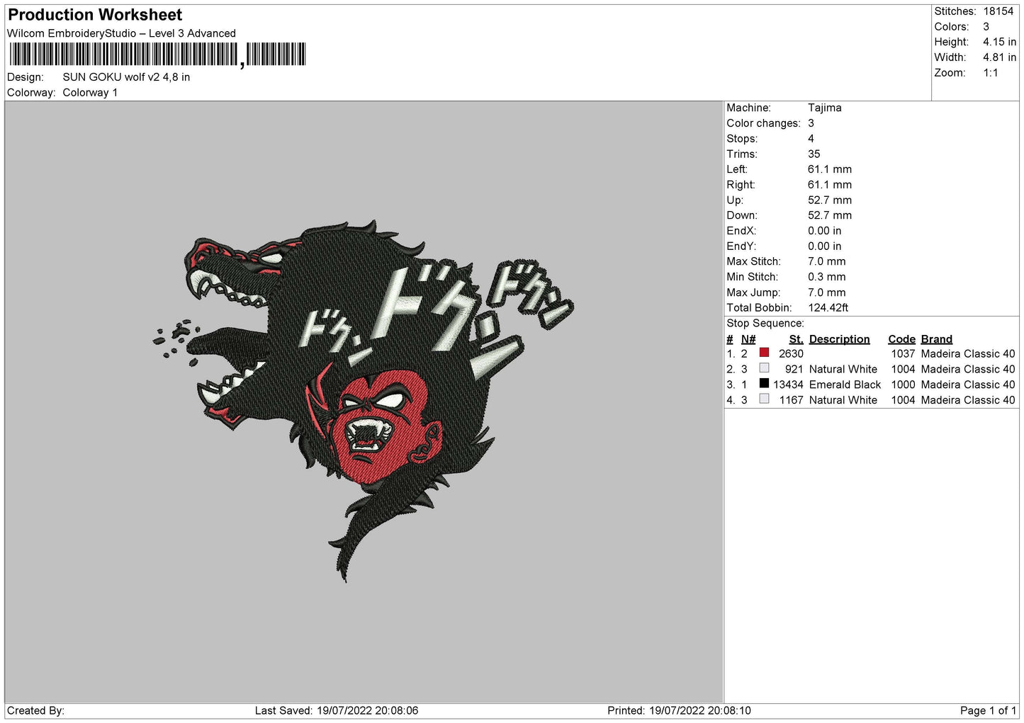 Sun Goku Wolf V2 Embroidery File 4 sizes