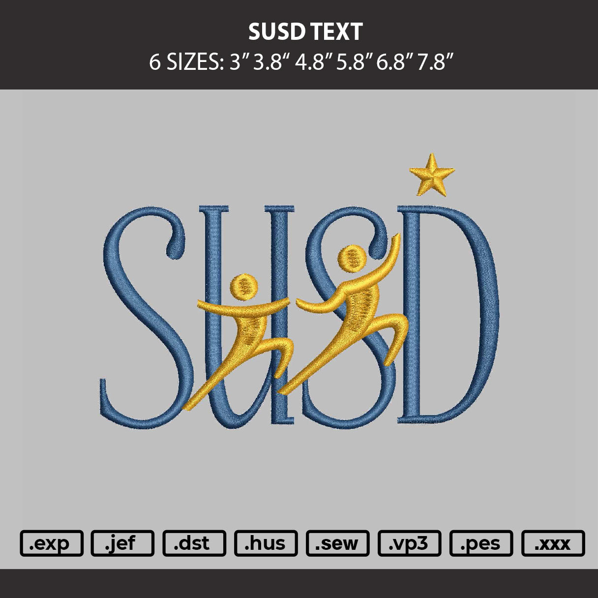 Susd Text Embroidery Machine Design File 6 sizes