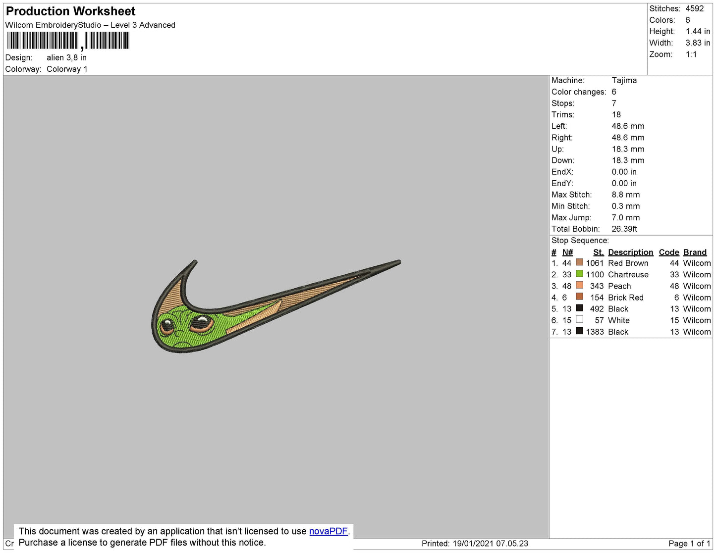 Swoosh Baby Yoda 01 Embroidery File 4 size