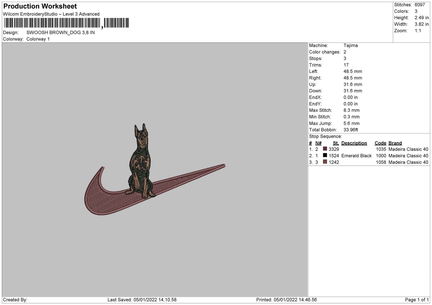Swoosh Brown Dog Embroidery File 4 size