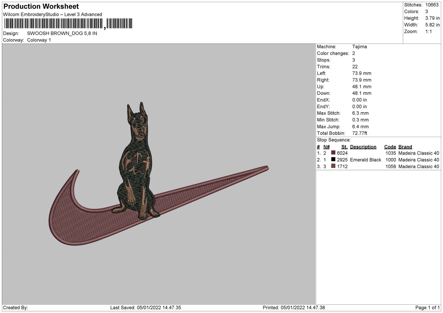 Swoosh Brown Dog Embroidery File 4 size