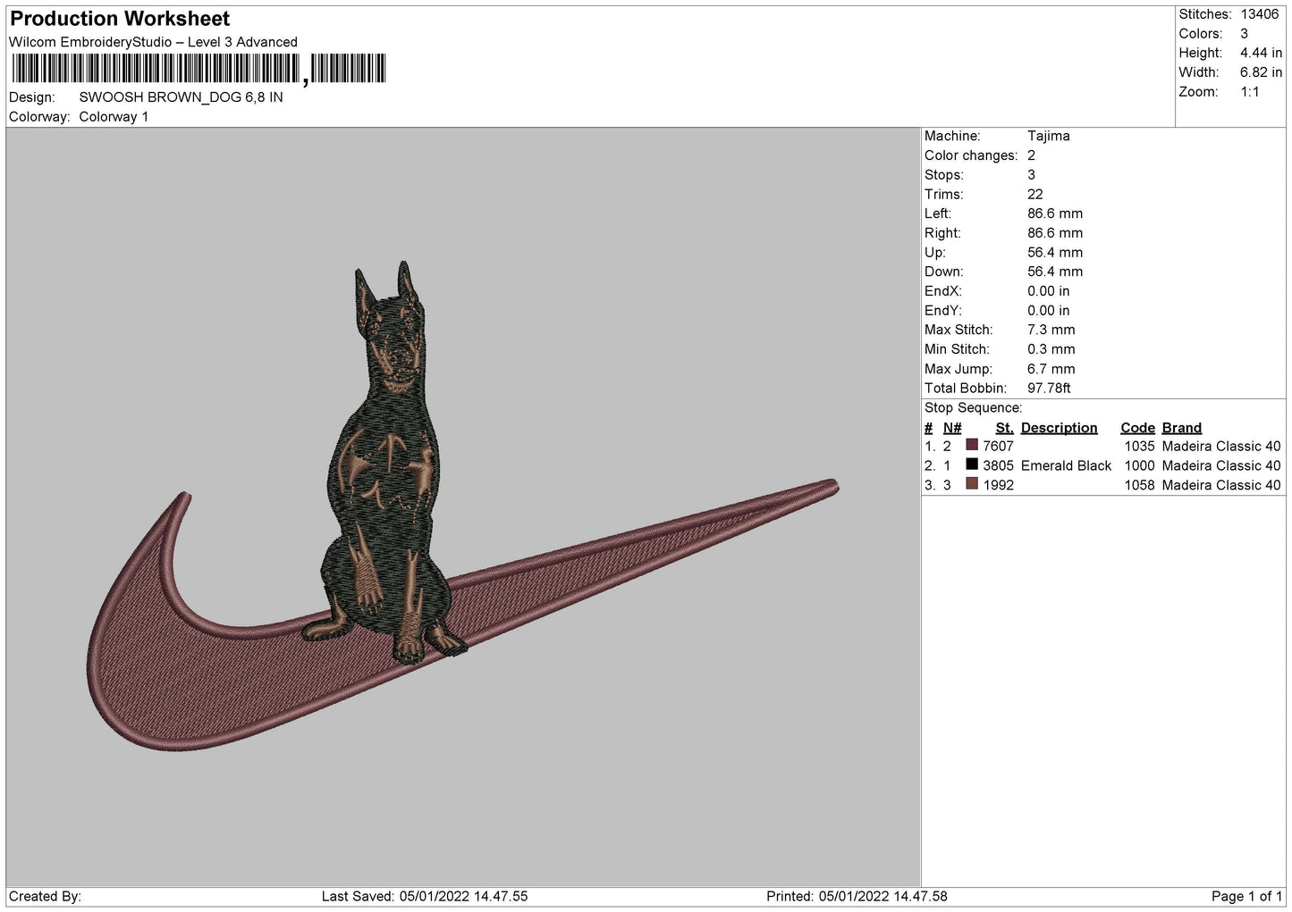 Swoosh Brown Dog Embroidery File 4 size