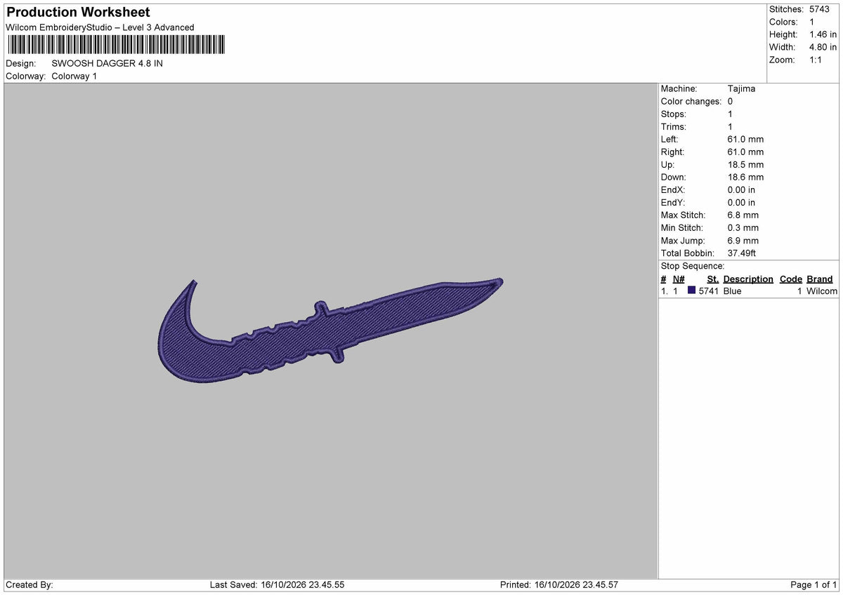 Swoosh Dagger Embroidery Machine Design File 6 sizes
