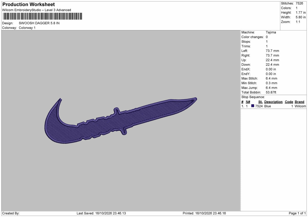 Swoosh Dagger Embroidery Machine Design File 6 sizes