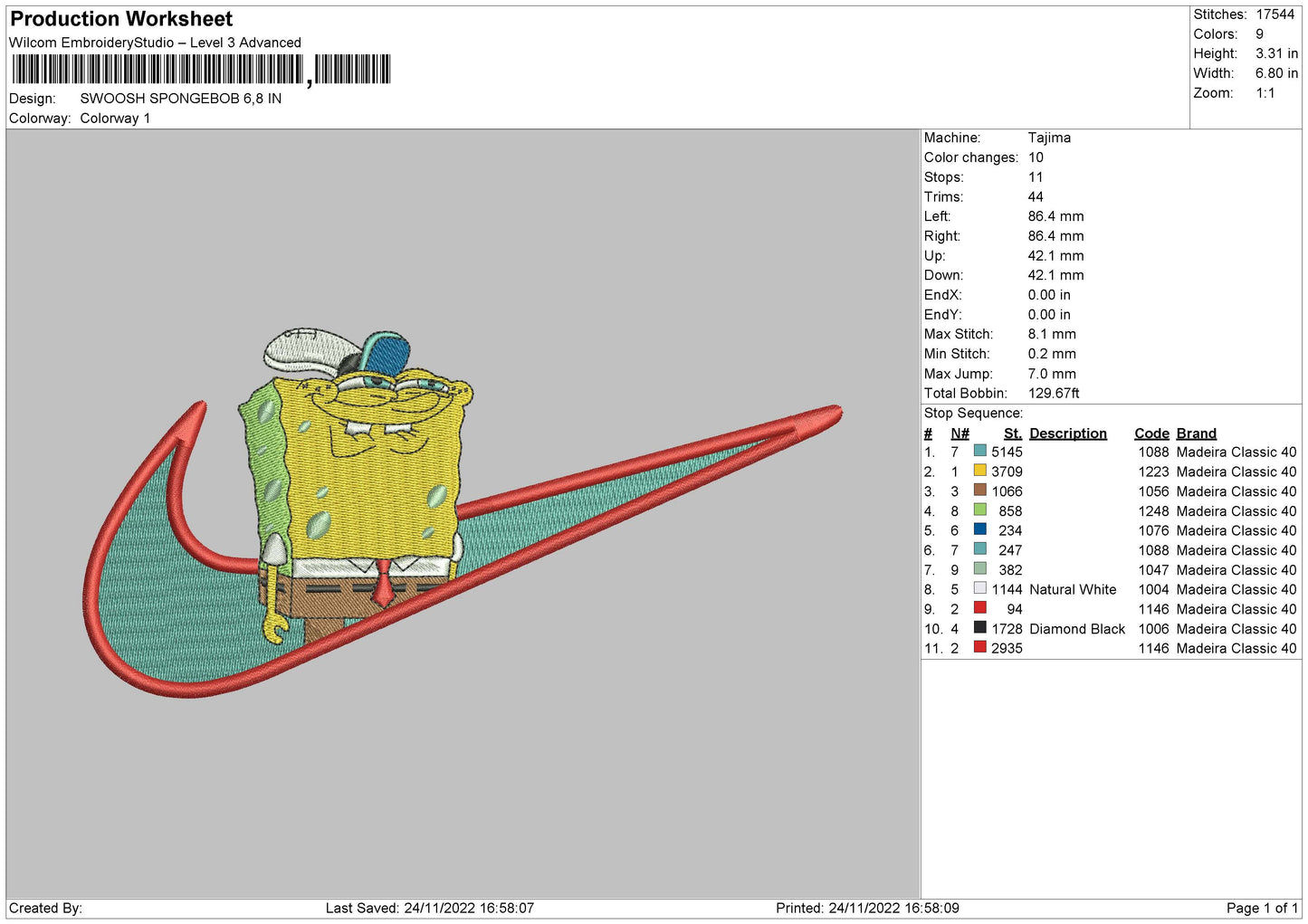 Swoosh Spongebob 03 Embroidery File 6 sizes