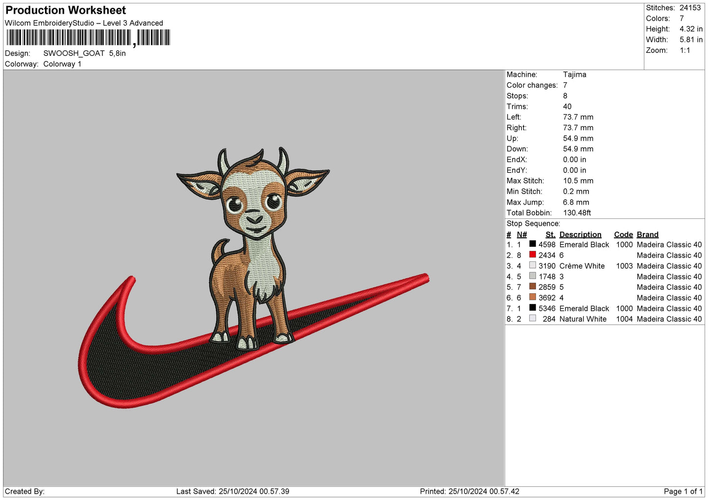 Swoosh Goat 02 Embroidery File 6 sizes