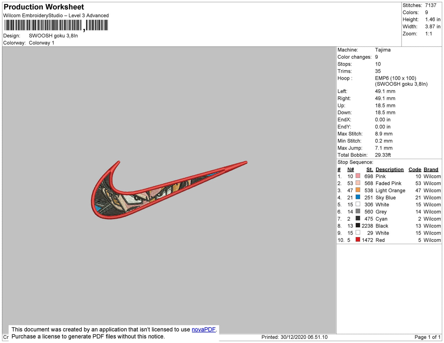 Swoosh Goku V1 Embroidery File 4 size
