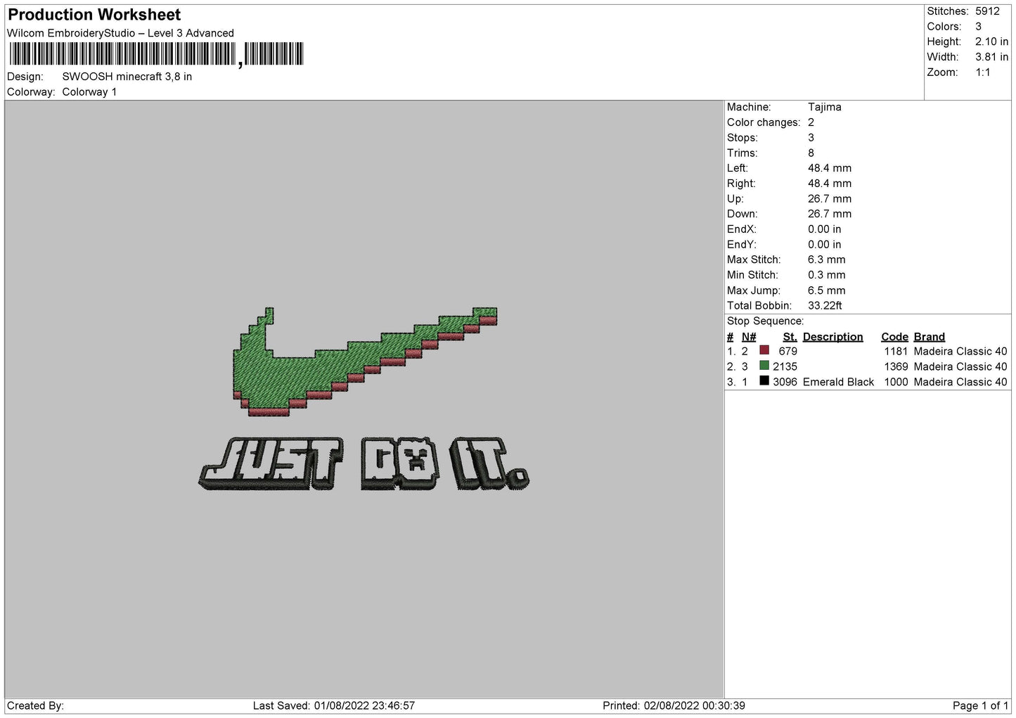 Swoosh Minecraft Embroidery File 4 sizes
