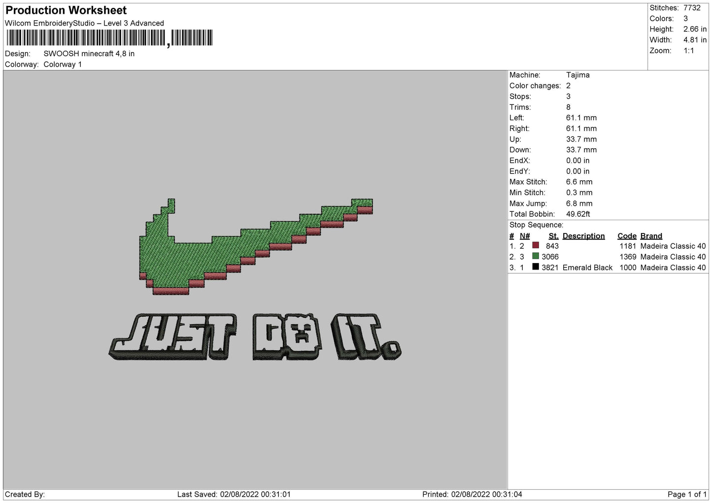 Swoosh Minecraft Embroidery File 4 sizes