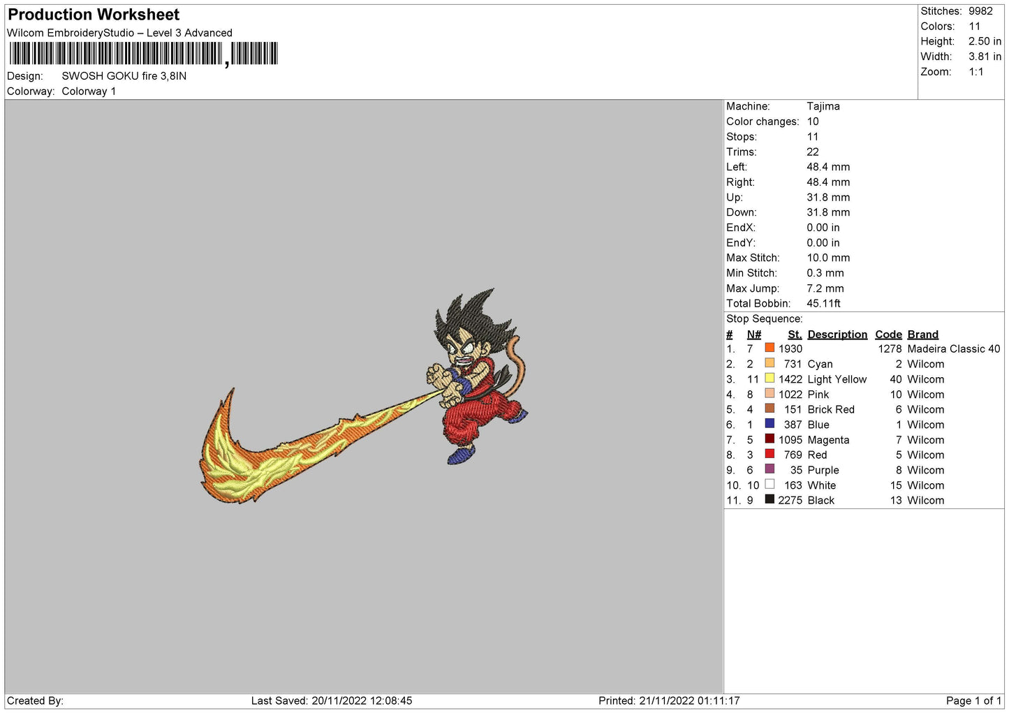 Swoosh Goku Fire Embroidery File 6 sizes