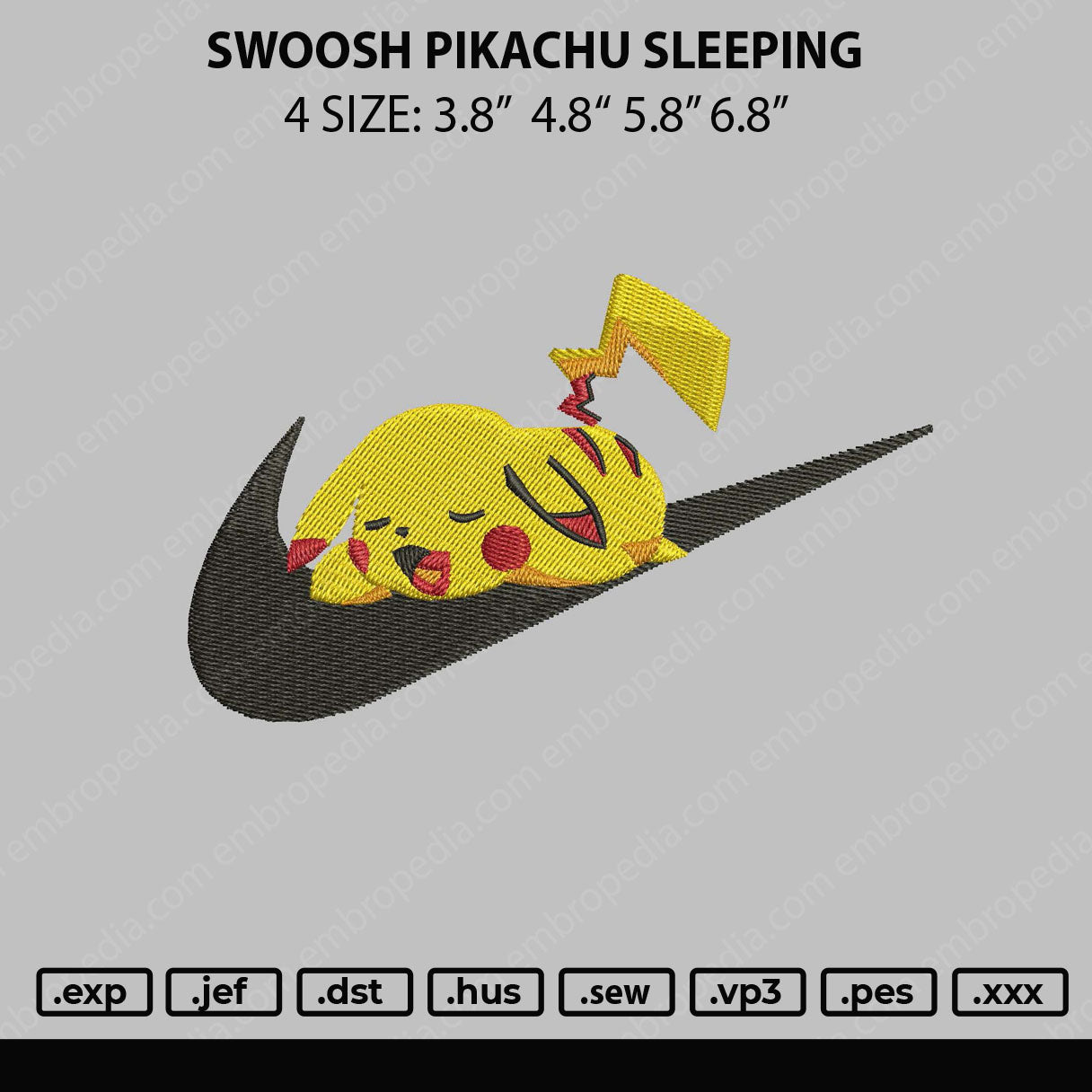 Swoosh Pikachu Sleeping Embroidery File 4 sizes