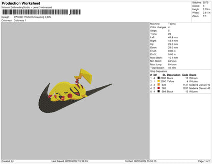 Swoosh Pikachu Sleeping Embroidery File 4 sizes