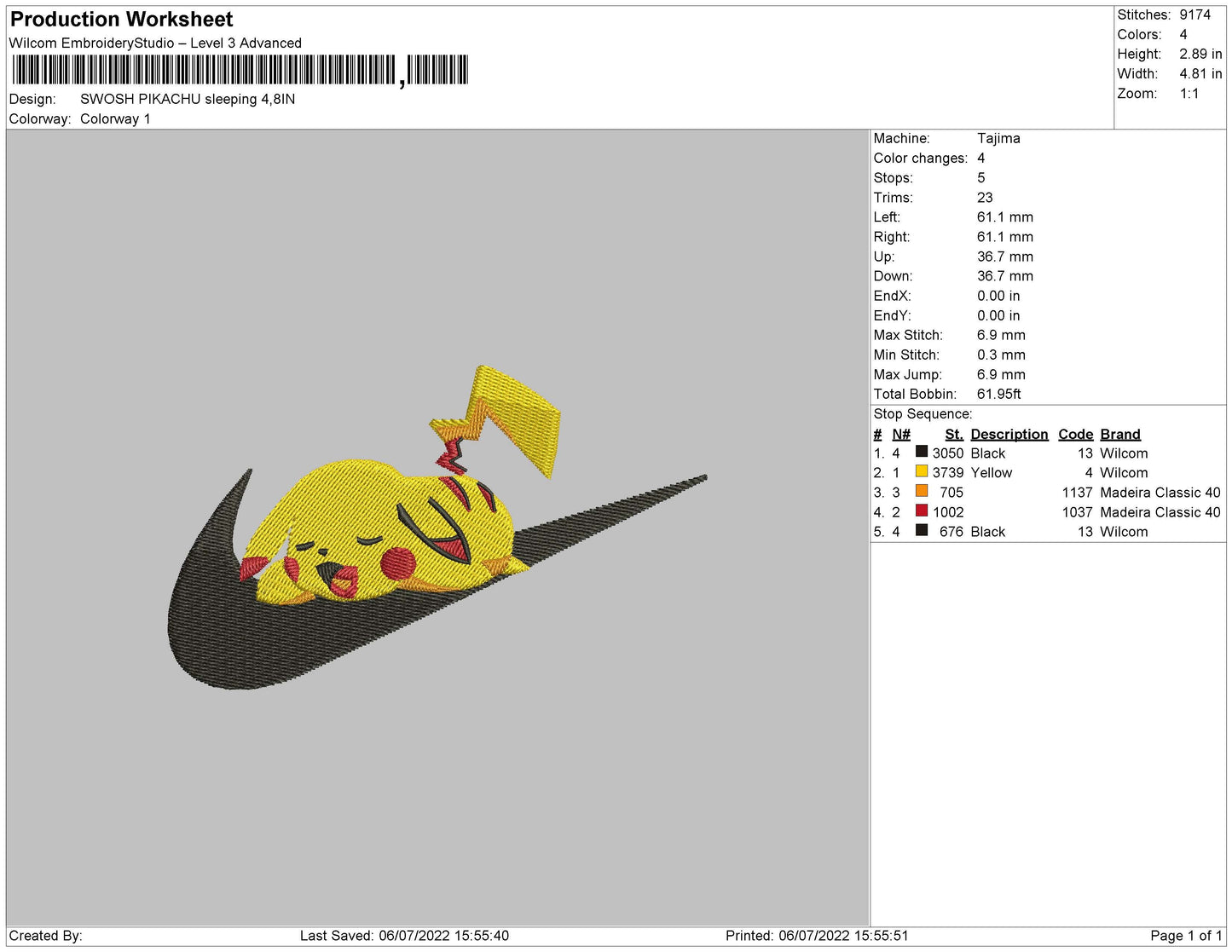 Swoosh Pikachu Sleeping Embroidery File 4 sizes