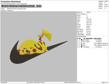 Swoosh Pikachu Sleeping Embroidery File 4 sizes