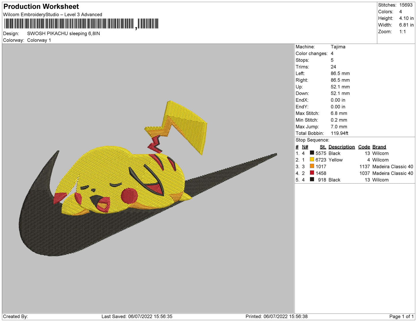 Swoosh Pikachu Sleeping Embroidery File 4 sizes