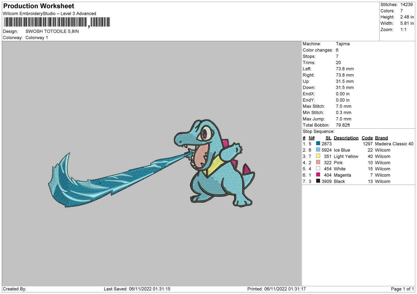 Swoosh Totodile Embroidery File 6 sizes