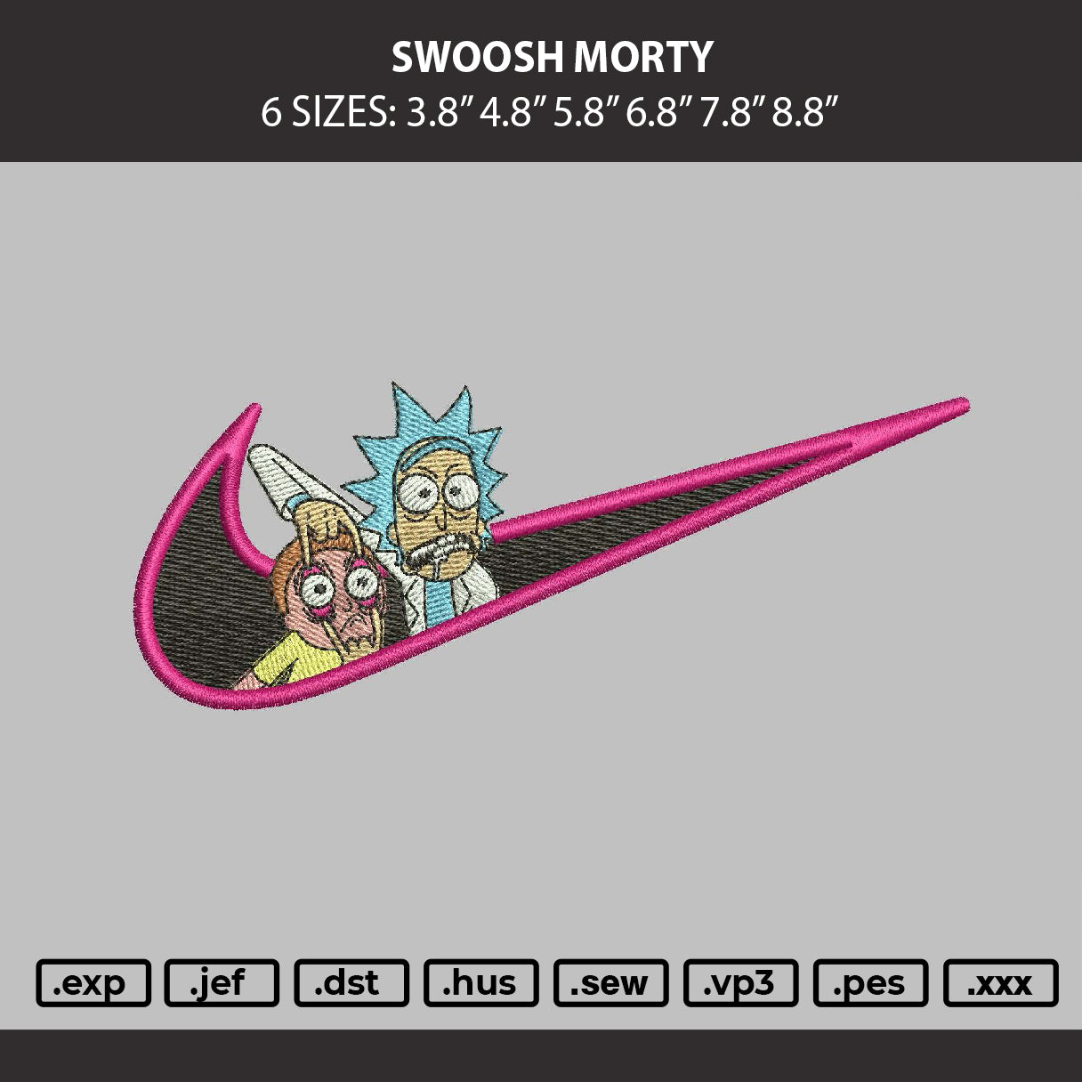 Swoosh Morty Embroidery File 4 size