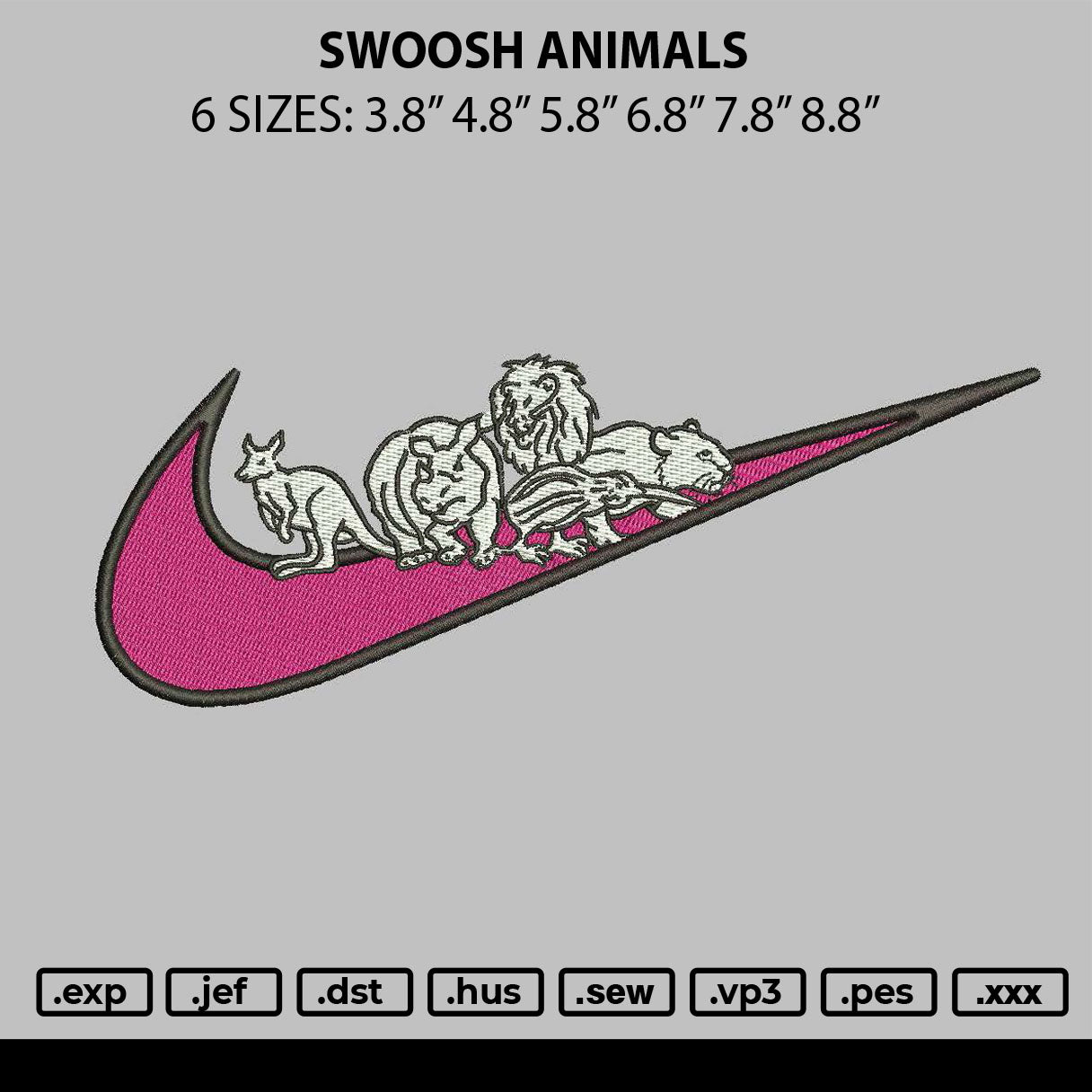 Swoosh Animals Embroidery File 6 sizes