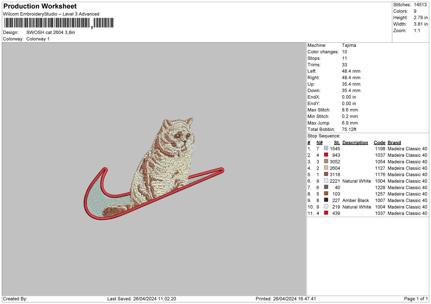 Swoosh Cat 2604 Embroidery File 6 sizes