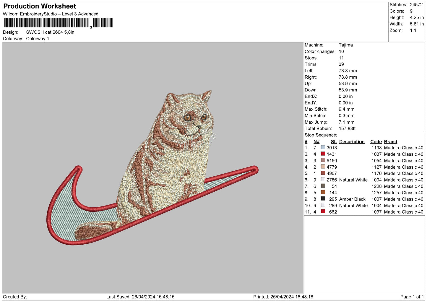 Swoosh Cat 2604 Embroidery File 6 sizes