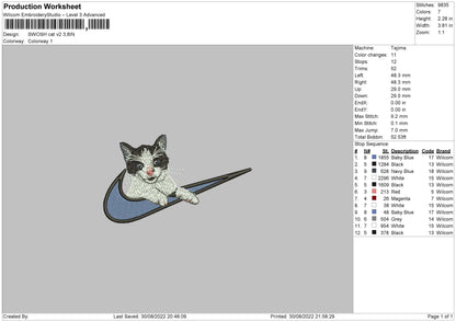 Swoosh Cat V2 Embroidery File 5 sizes