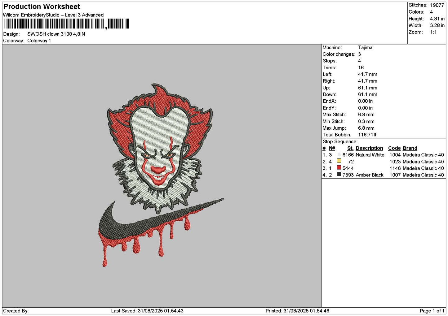 Swoosh Clown 3108 Embroidery File 6 sizes