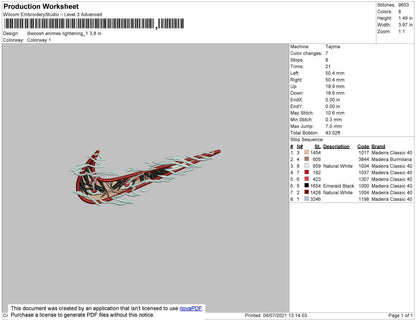 Swoosh Anime Lightning 01 Embroidery File 4 size