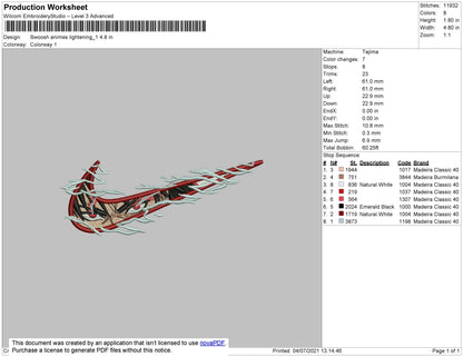 Swoosh Anime Lightning 01 Embroidery File 4 size