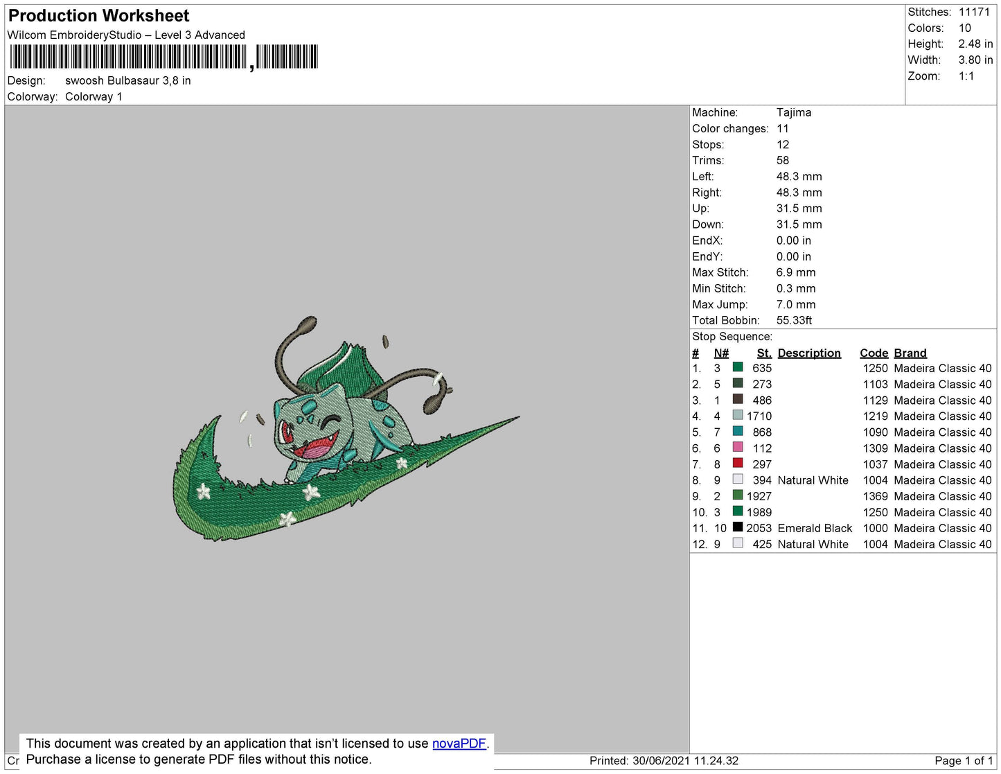 Swoosh Bulbasaur Embroidery File 4 size
