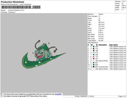 Swoosh Bulbasaur Embroidery File 4 size