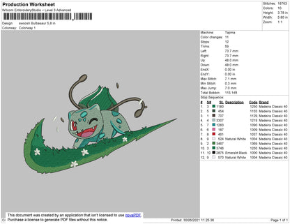 Swoosh Bulbasaur Embroidery File 4 size